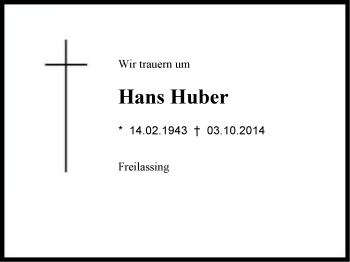 Traueranzeige von Hans Huber von Region Berchtesgadener Land